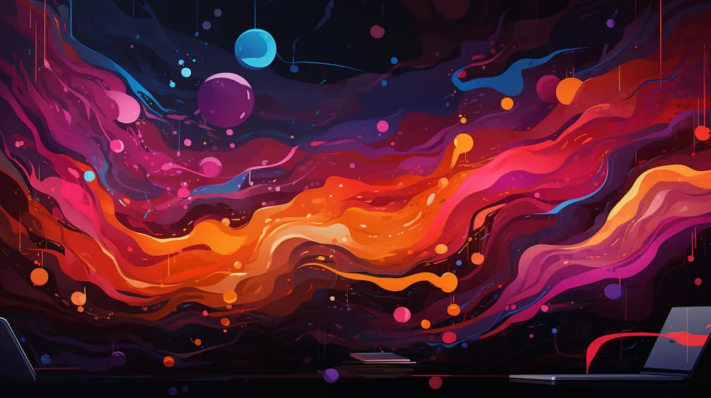 A colorful background with a laptop and a computer.