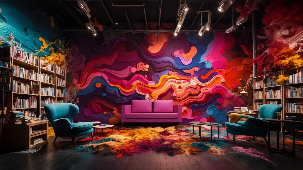 A colorful room with couches, chairs and a colorful wall.