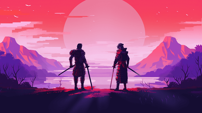 Two samurai comparing HostGator and IONOS hosting options in front of a majestic mountain at sunset.