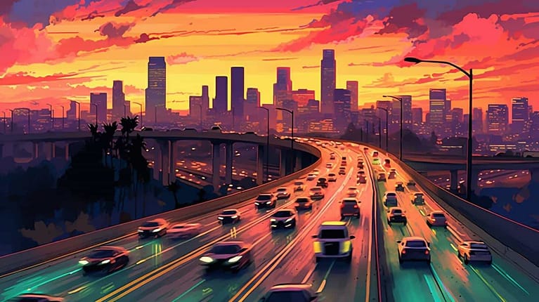 A painting portraying cars on a highway during sunset, now enhanced with increased WordPress security.