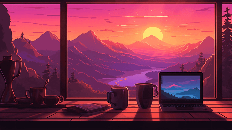 A laptop sits on a window sill with mountains in the background, showcasing a guide to wordpress.