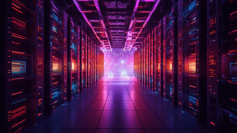 A neon-lit server room showcasing Hostinger's infrastructure.