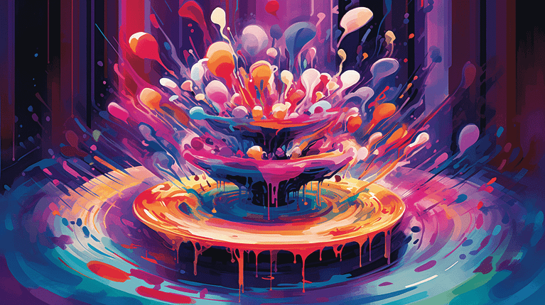 A colorful painting of a fountain with vibrant balloons.