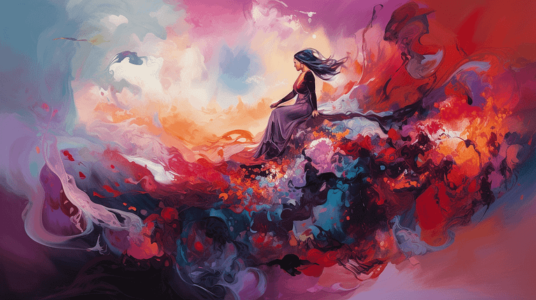 An abstract painting of a woman on a cloud.