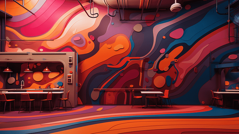 A restaurant with a colorful mural on the wall.
