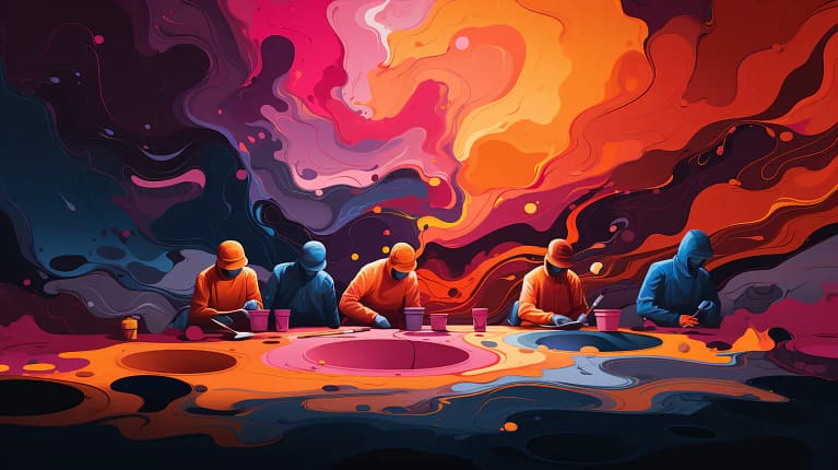 A colorful painting of people sitting on a boat in the water.