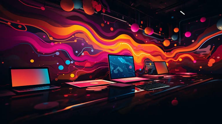 A group of laptops on a table in front of a colorful wall.